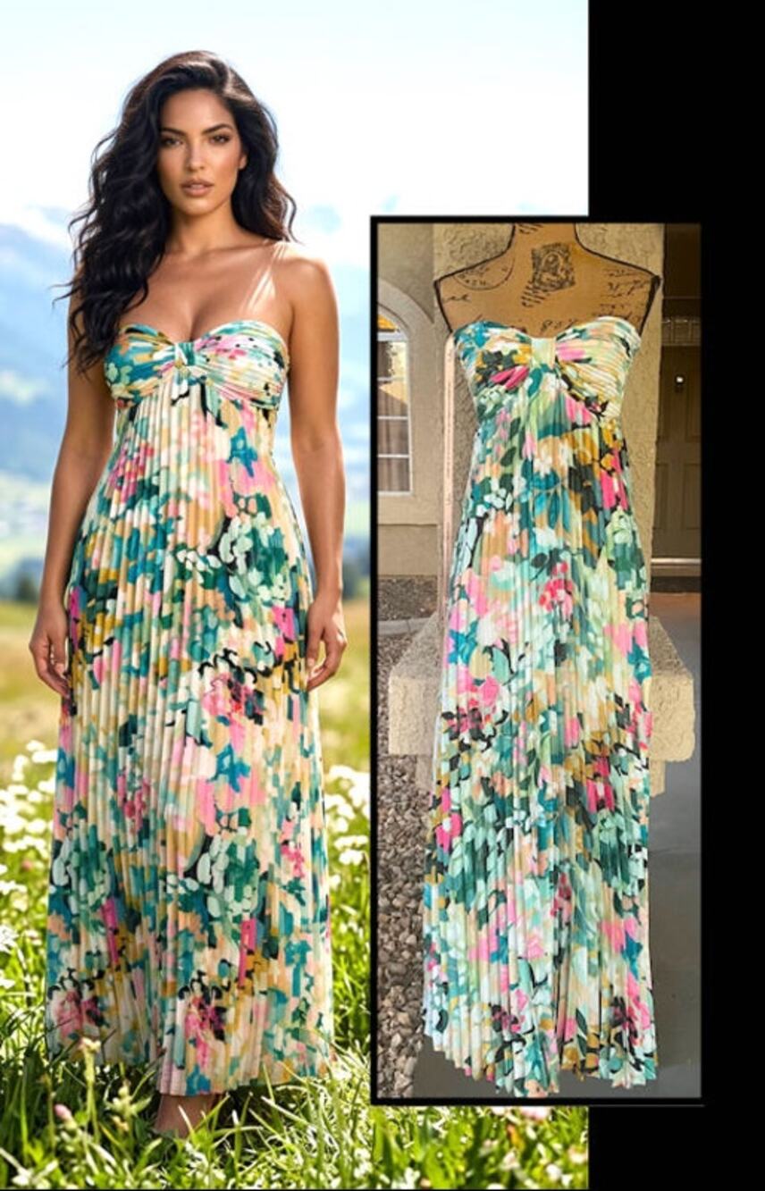 Lulus Whimsical Beauty Multi Floral Satin Plisse Strapless Maxi Dress Size S